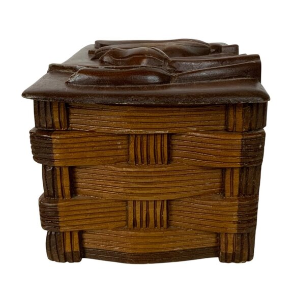 Vintage Handcrafted Wooden Trinket Box Tulip Floral Carved Top Basket Weave - Picture 5 of 8